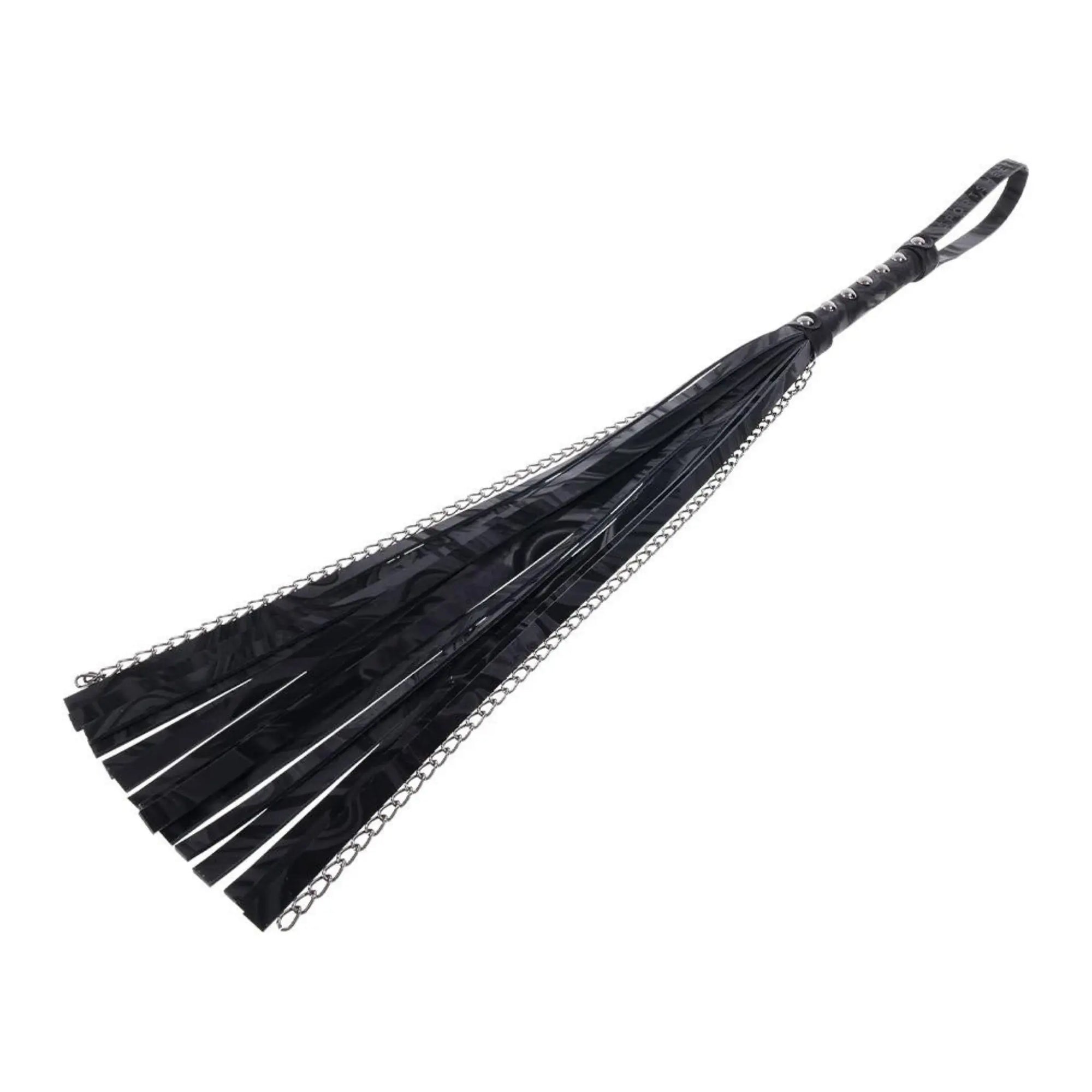 Sportsheets Velvet Noir Chain Flogger Svart ligger mot en vit bakgrund