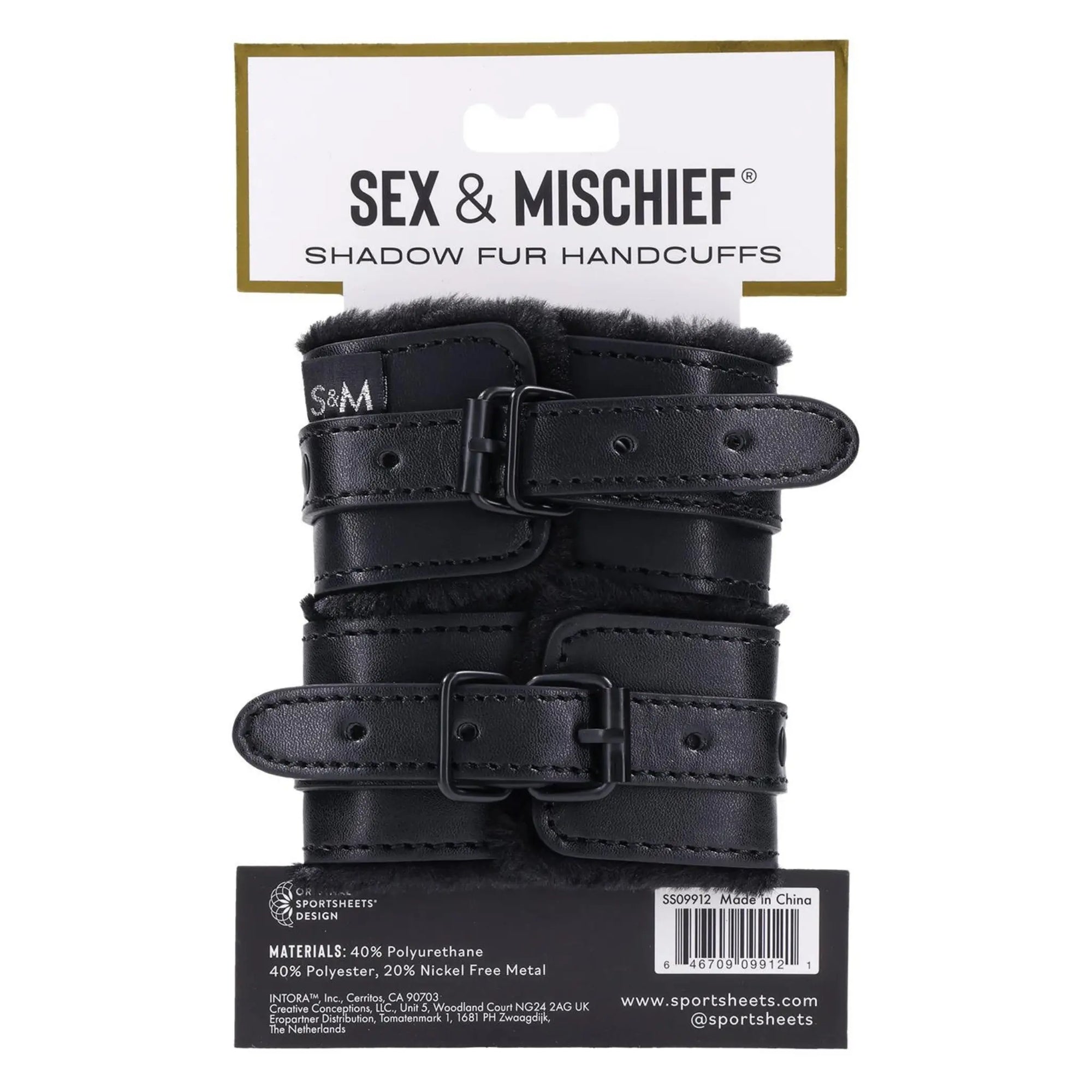 Baksidan av Sportsheets Sex & Mischief Fluffiga Handbojor Svart