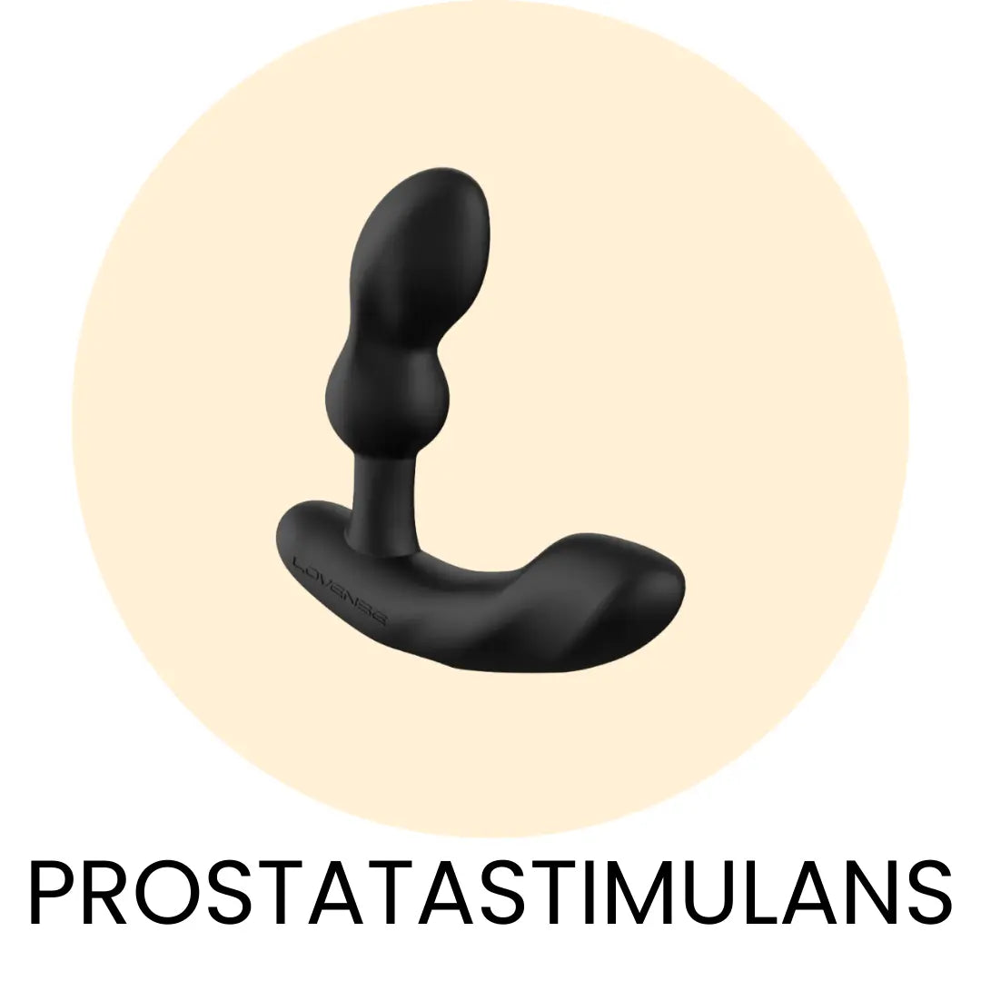 Gulcirkel med en Lovense Edge på i och texten Prostatastimulans under