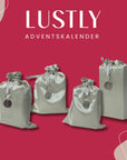 Bilden visar de 4 olika påsarna med produkter du får i Lustlys Adventskalender 2025