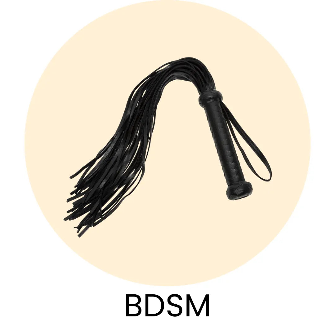 Gulcirkel med en flogger inuti och texten BDSM under