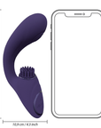 Dimensioner på VIVE Gen Rabbitvibrator med Borste Lila i jämförelse med en smartphone mot vit bakgrund.