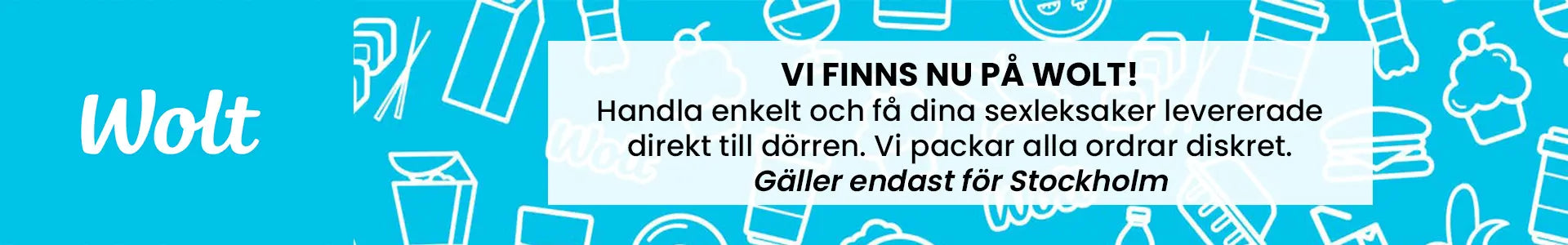 Banner som informerar om att vi finns på Wolt för de som vill beställa hem till dörren.