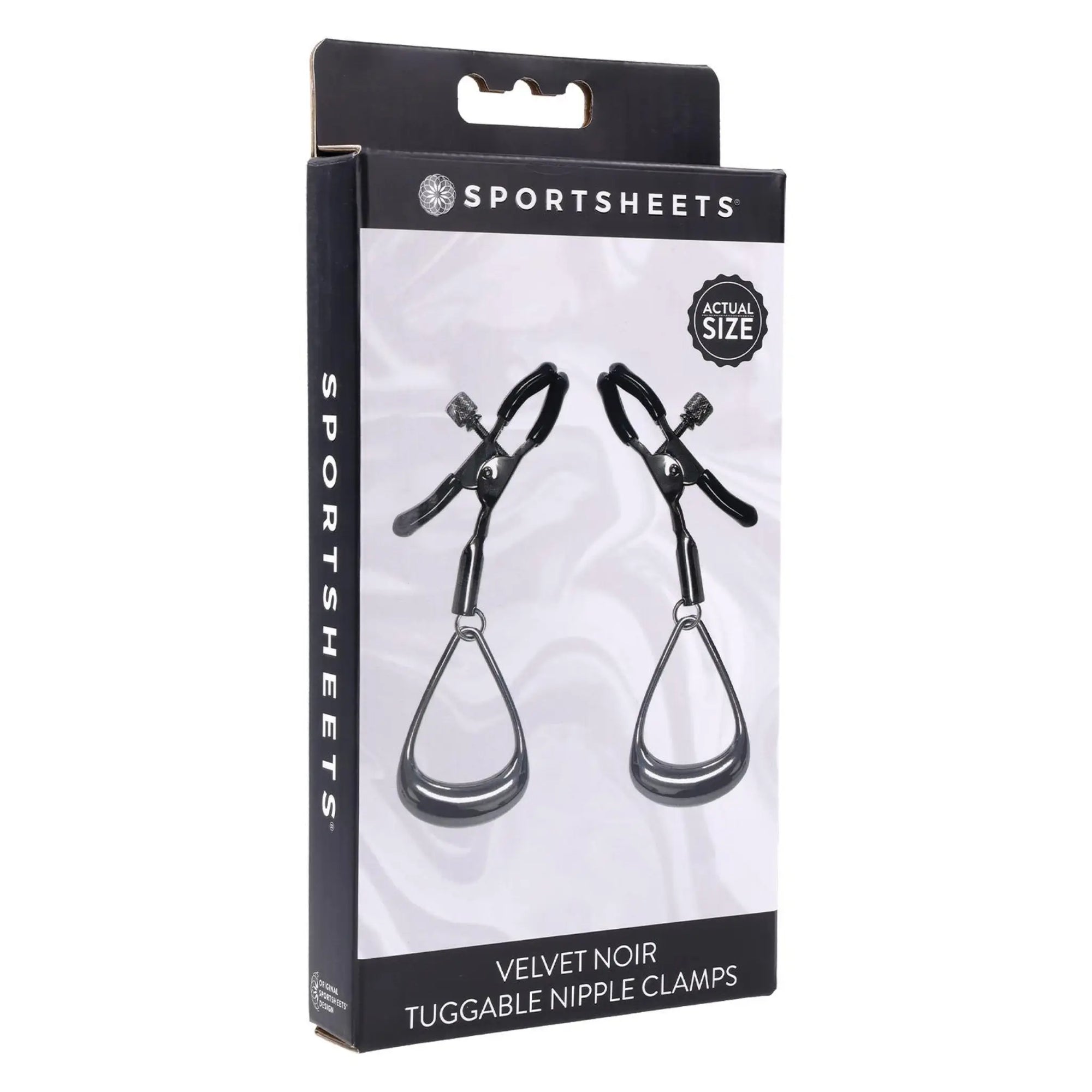 En kartongbild på Sportsheets Velvet Noir Tuggable Nipple Clamps