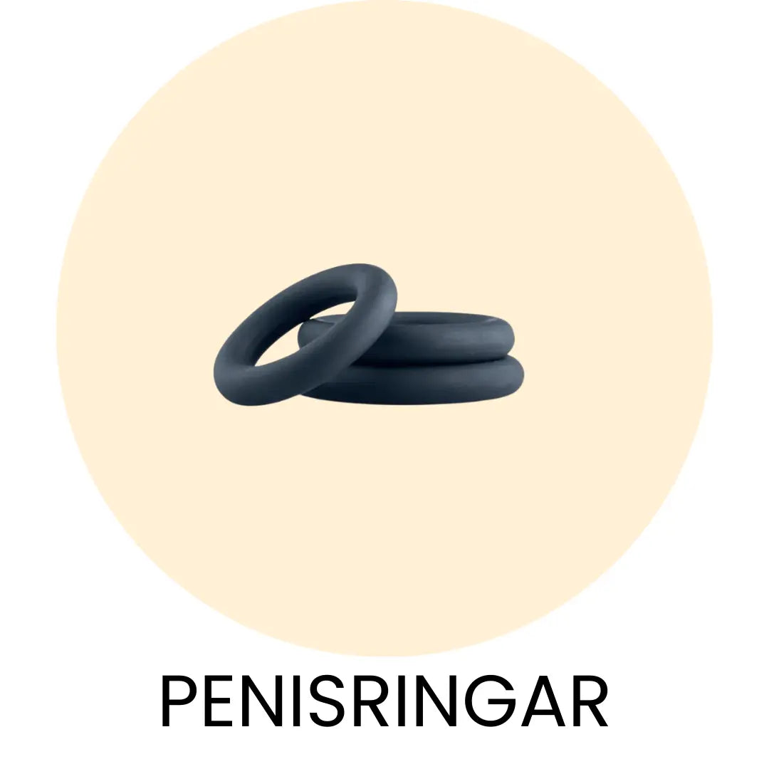 Gulcirkel med Boners penisring set och texten Penisringar under