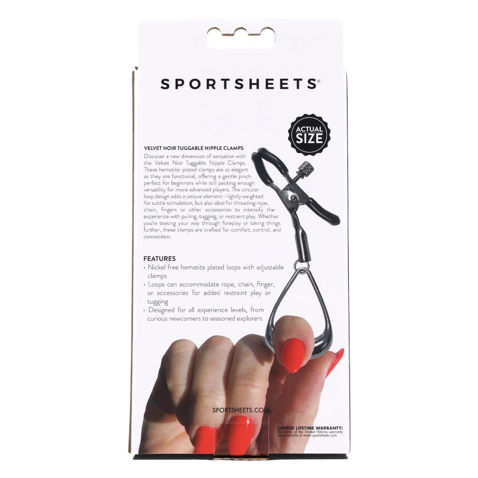 Baksidan av kartongen på Sportsheets Velvet Noir Tuggable Nipple Clamps