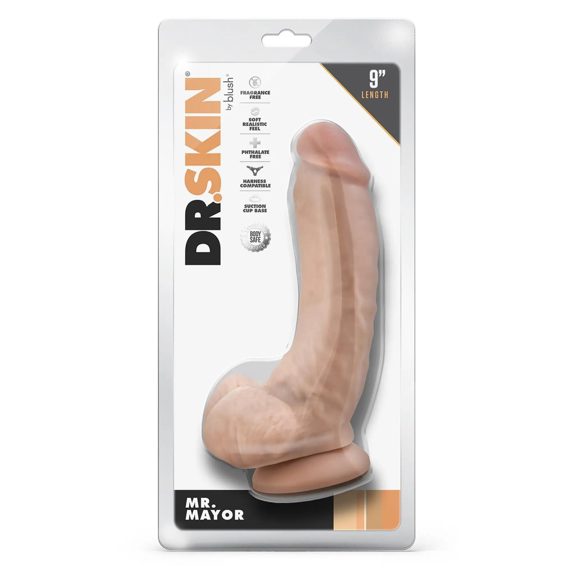 Bild på kartongen som DR. SKIN Mr. Mayor Dildo 23cm Beige kommer i