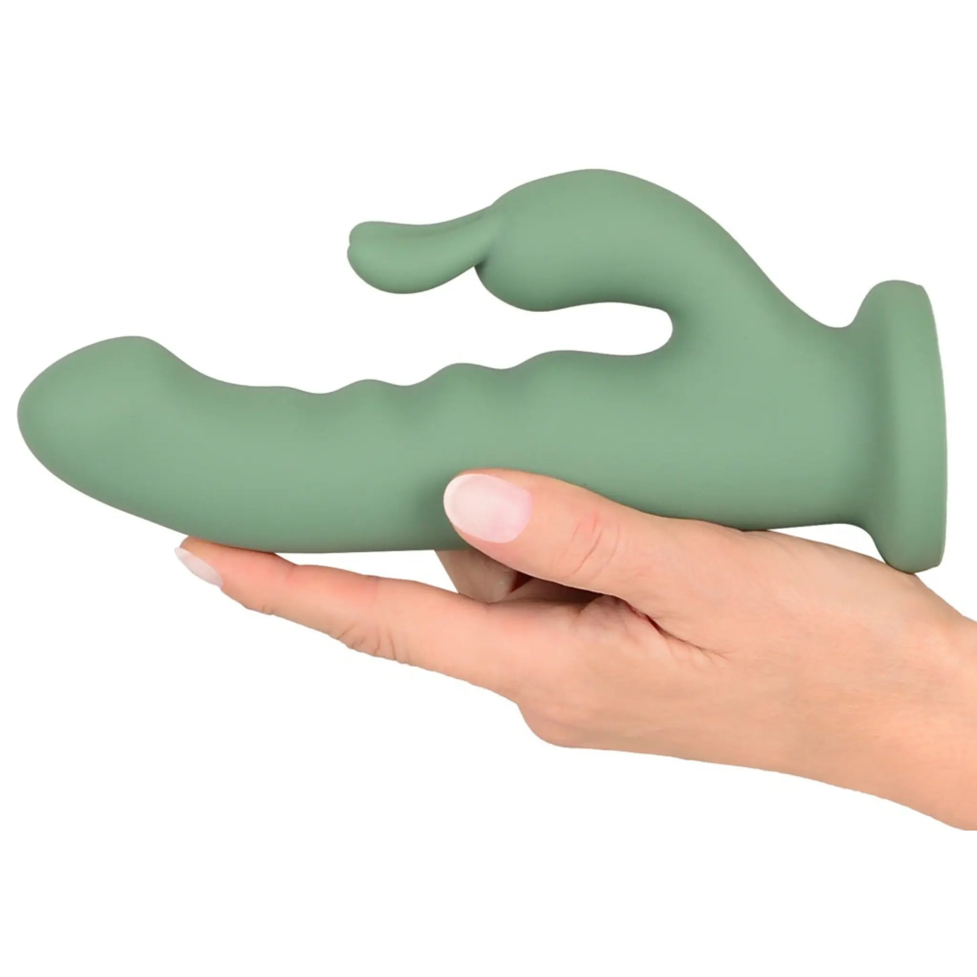 En hand håller i en Beau Coeur Luvio Soft Rotating Rabbitvibrator
