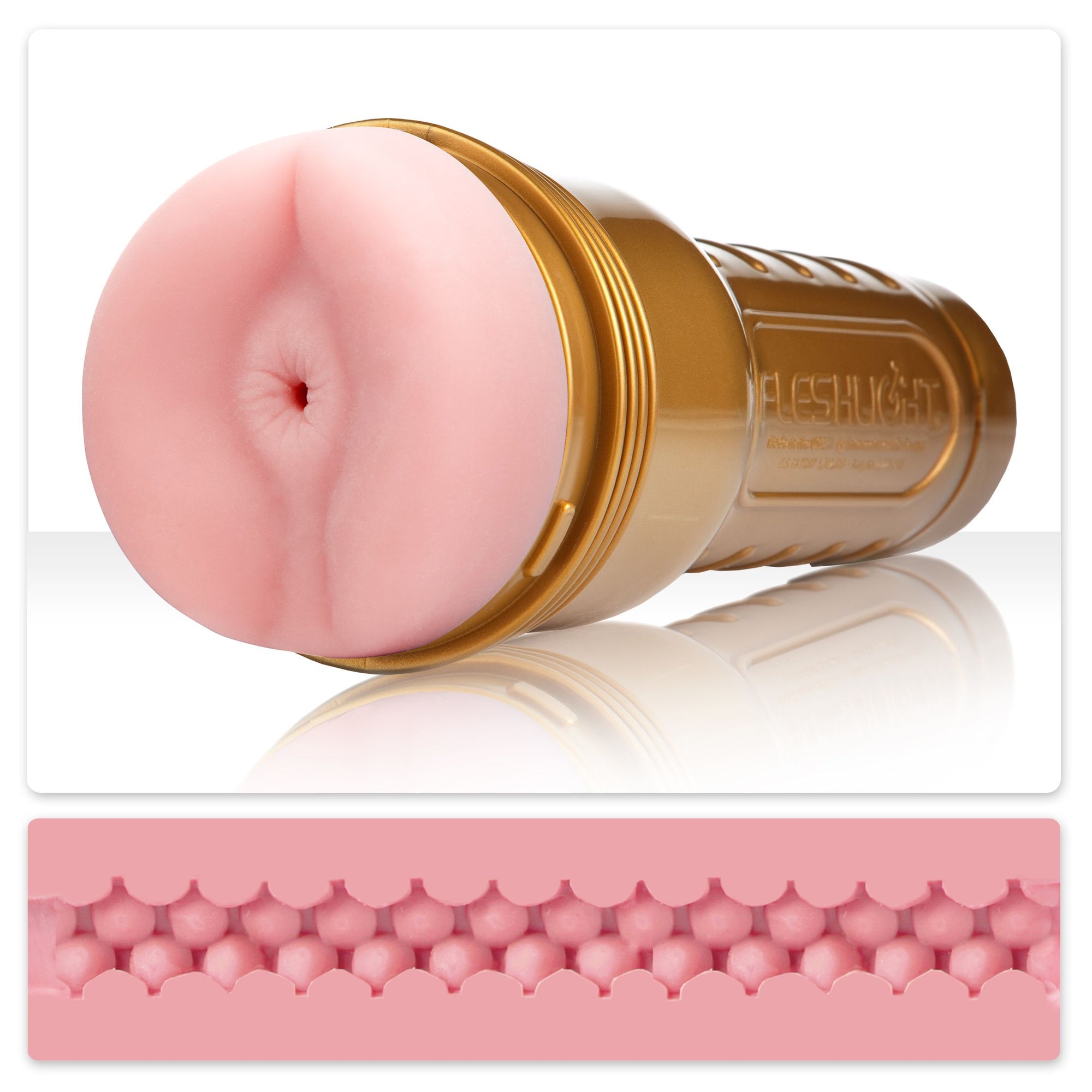Fleshlight STU Stamina Training Unit med anus-öppning och guldfärgat fodral