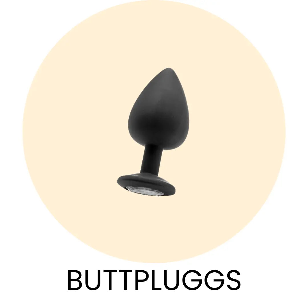 Gulcirkel med en Ouch buttplug i och texten Buttpluggs under