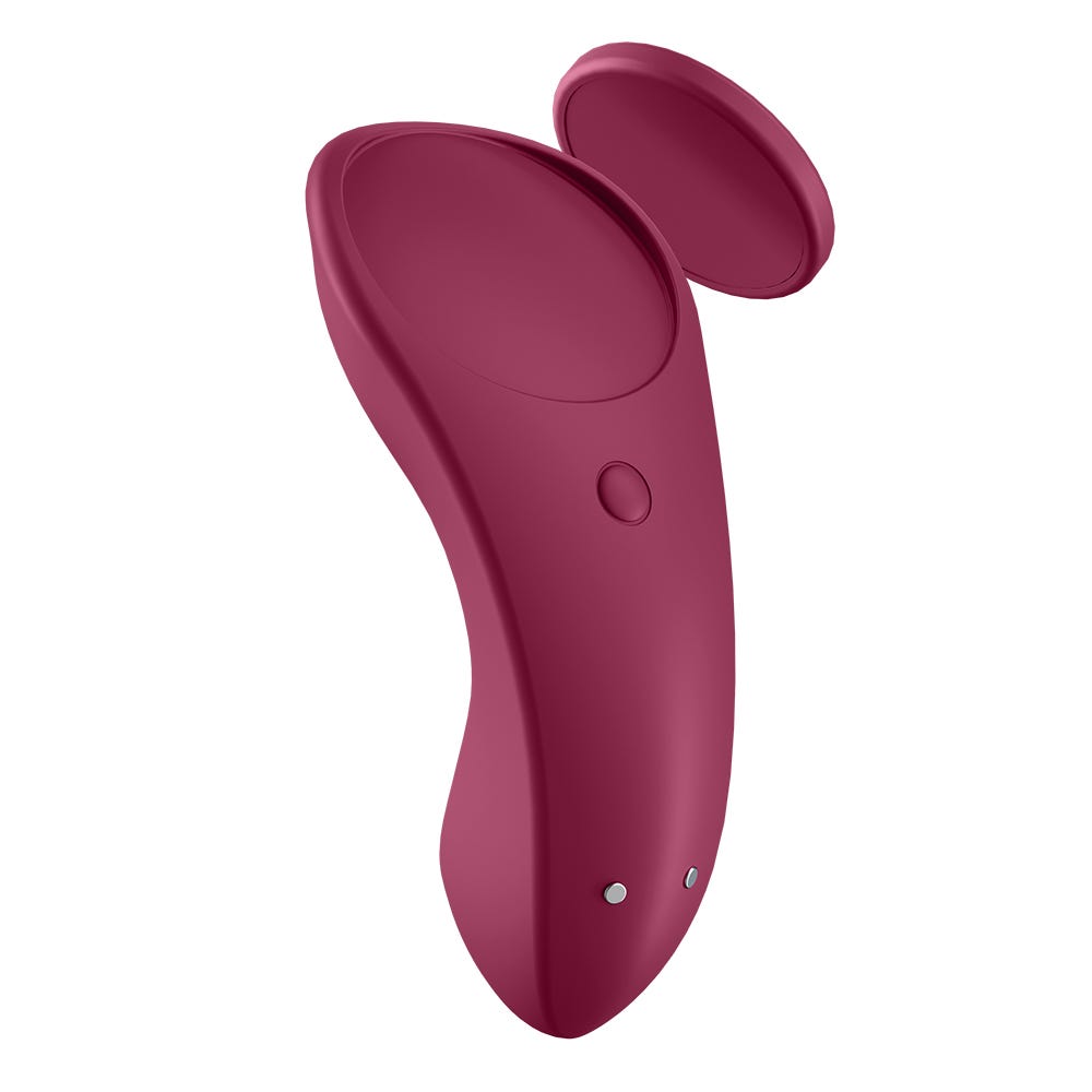 Satisfyer Sexy Secret Trosvibrator med avtagbar magnet mot vit bakgrund.