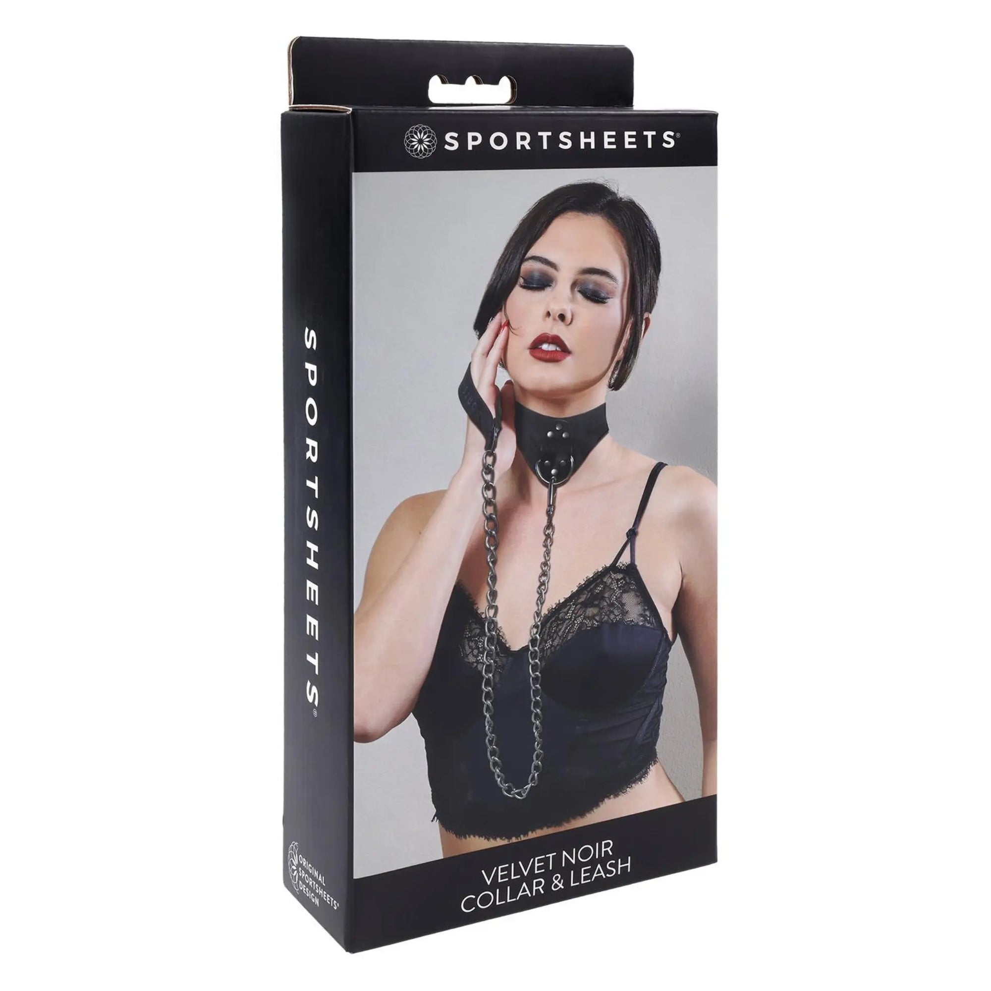 Produktkartongen till Sportsheets Velvet Noir Halsband &amp; Koppel Svart