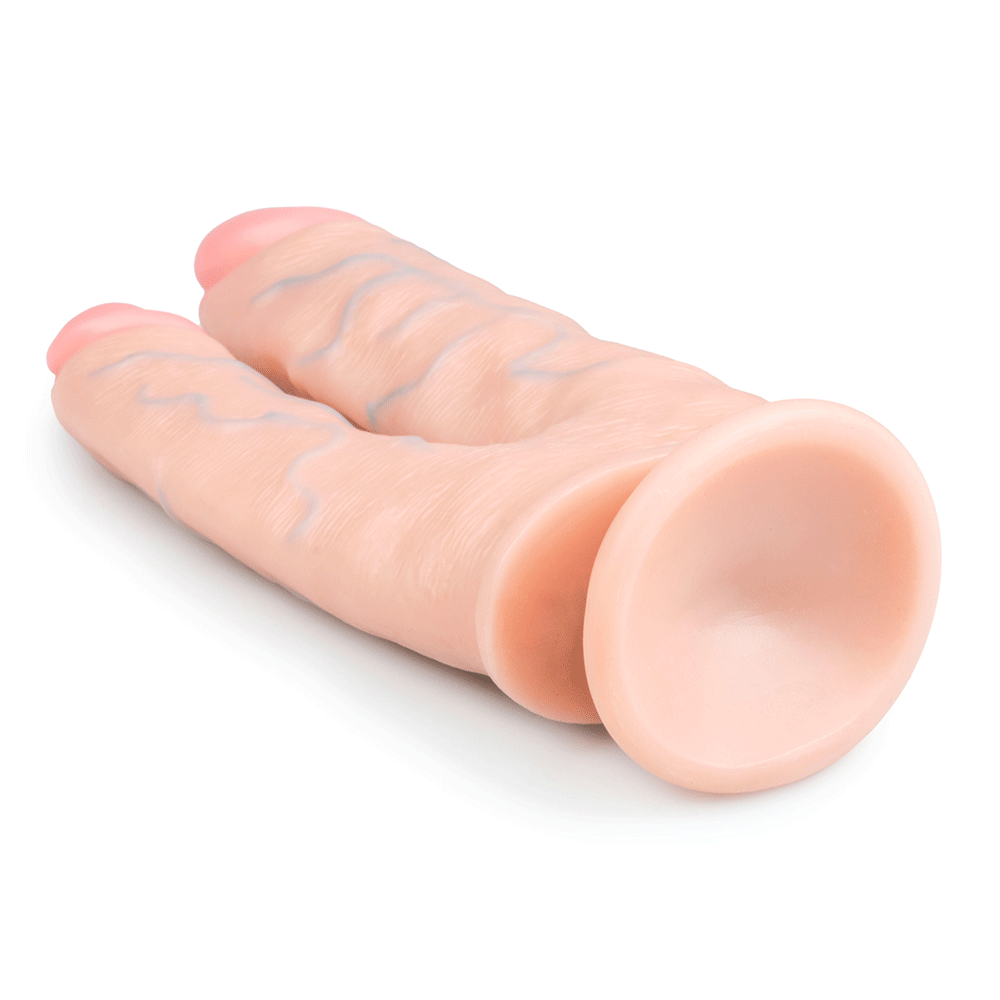 Närbild på 25 cm Double Dildo sugpropp mot vit bakgrund.