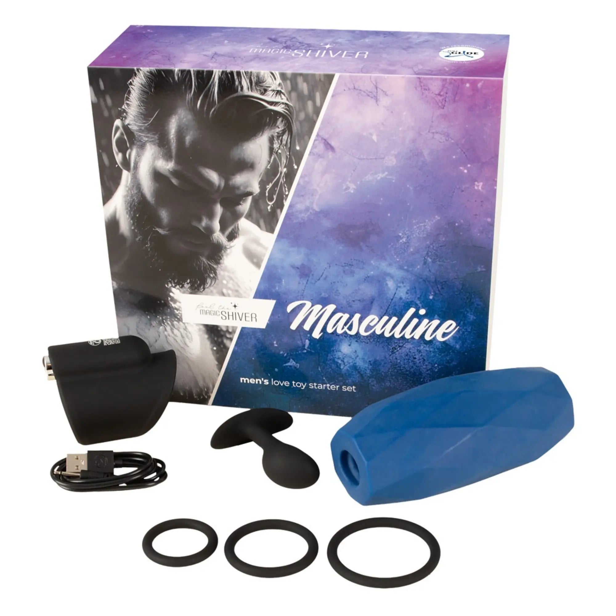 Bilden visar kartongen och produkterna i Magic Shiver Starter Set Masculine