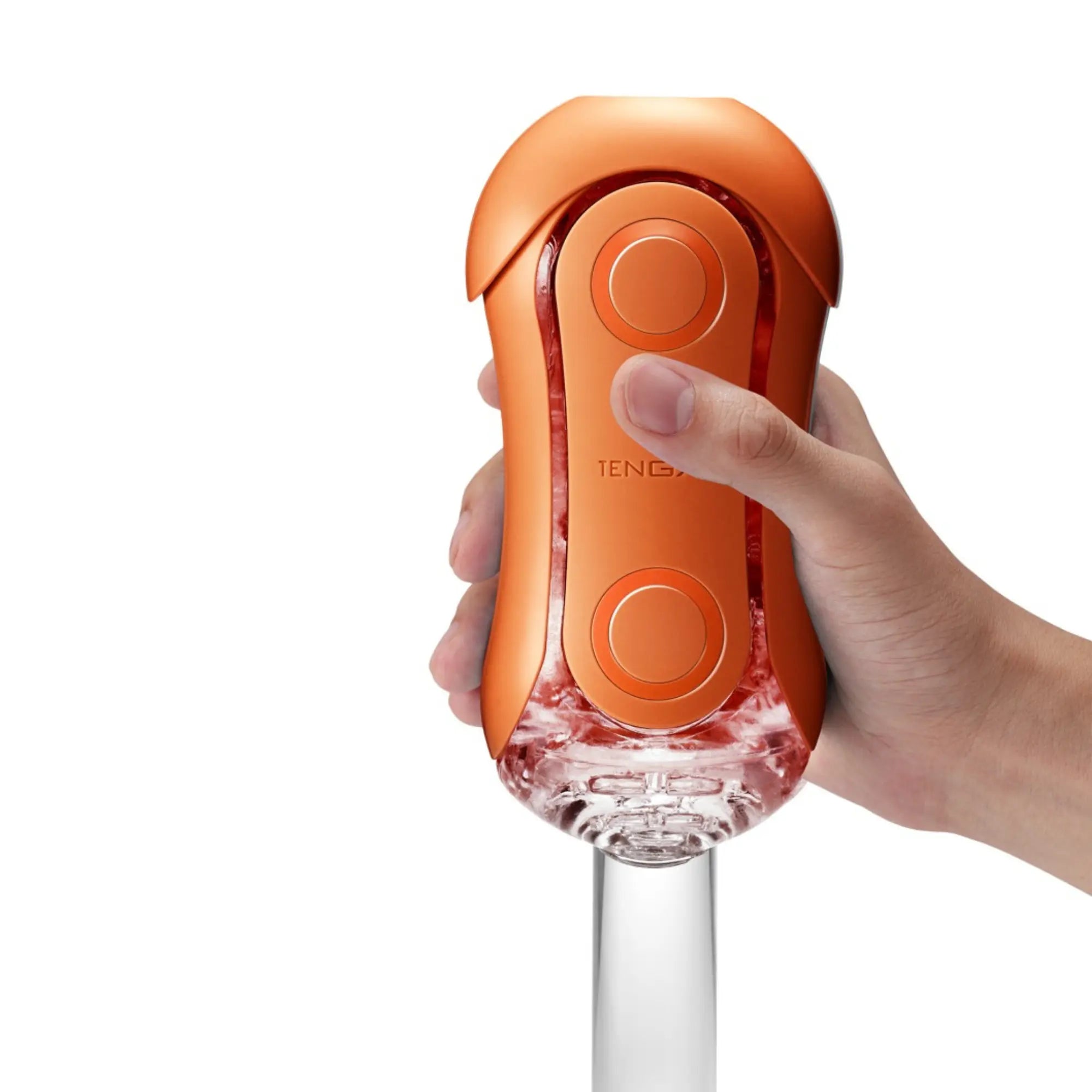 En hand demostrerar hur man använder Tenga Flip Orb Masturbator Orange