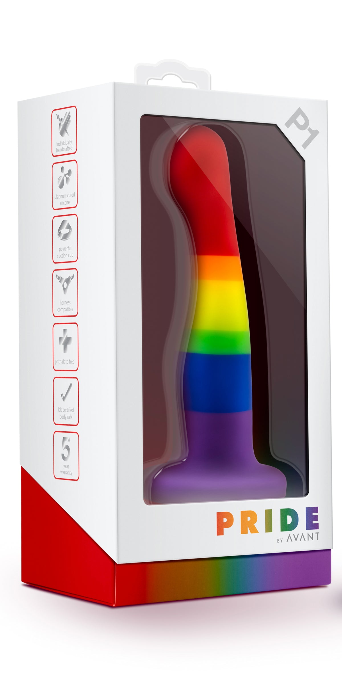Regnbågsfärgad Avant P1 Freedom gay pride-dildo med böjd topp, sidovy