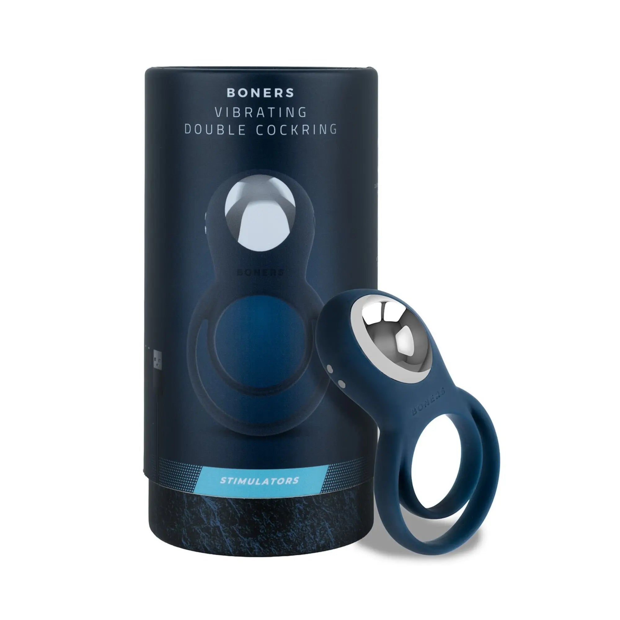 Boners Cock Ring med Vibrationer Blue bredvid sin produktkartong