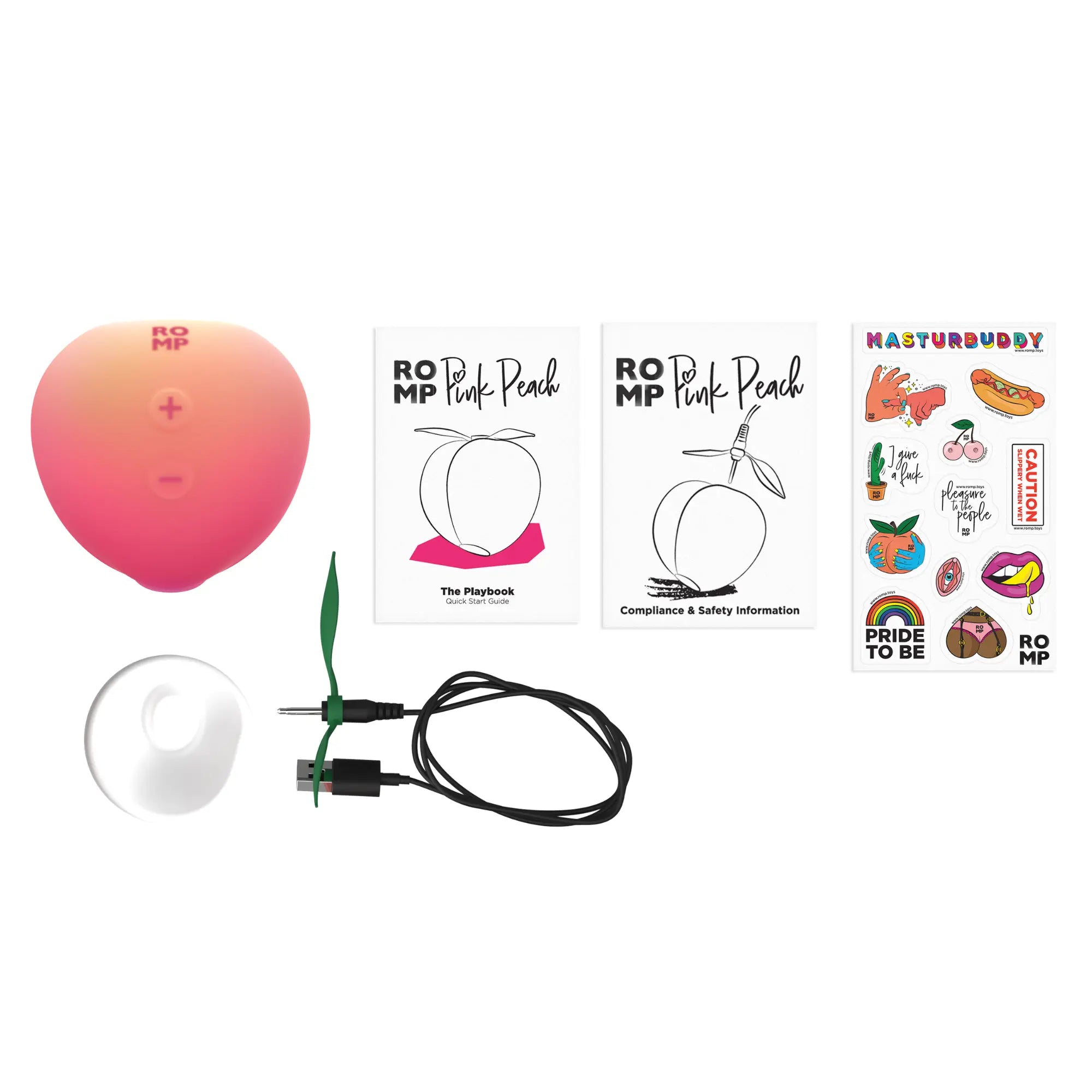 Bild på allt du får med när du köper en Romp Peach Clitoral Stimulator