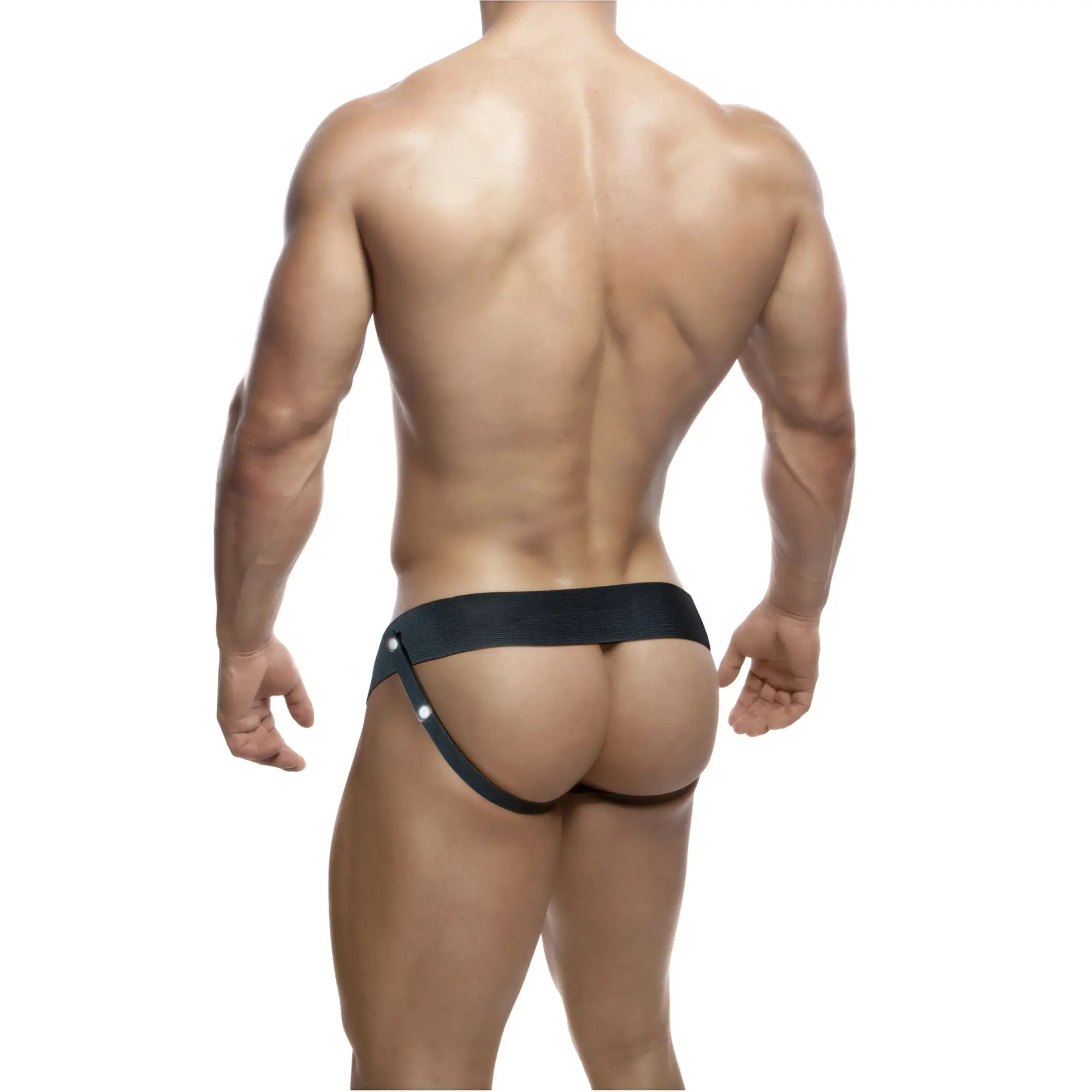 Man visar baksidan av DR. SKIN Ihålig Strap-On 15cm Black