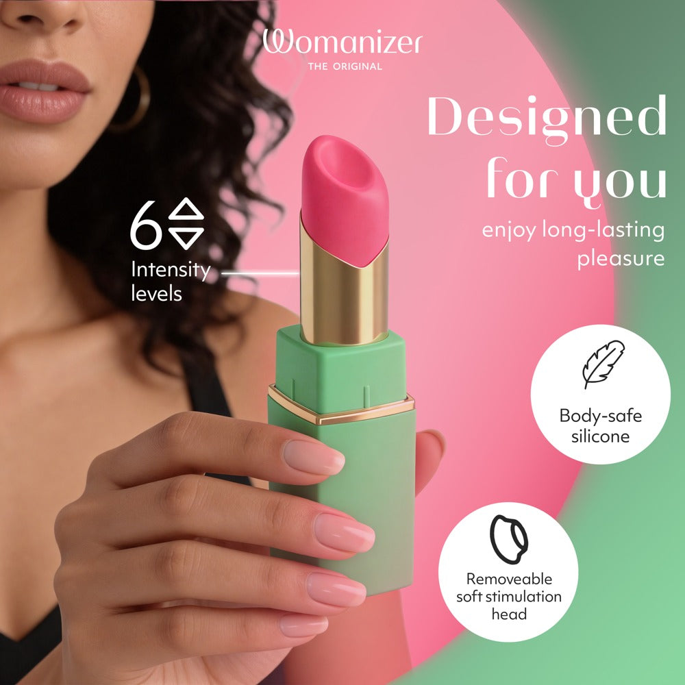 Grön Womanizer Beauty formad som ett läppstift, sidovy