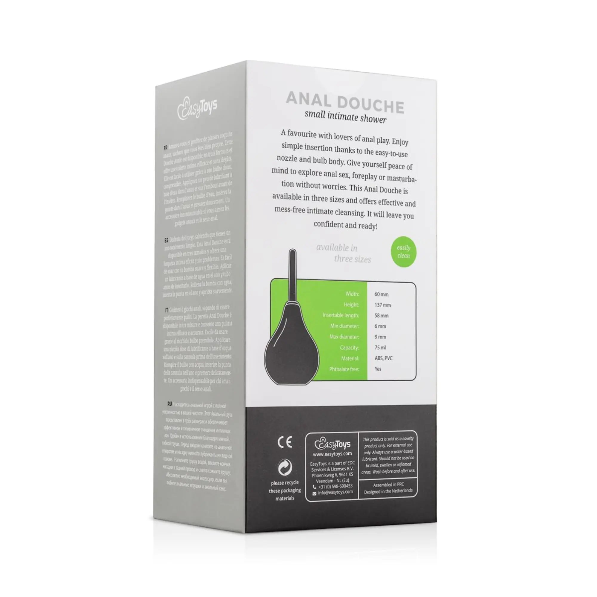 Baksidan av kartongen till Easytoys Black Anal Douche Small