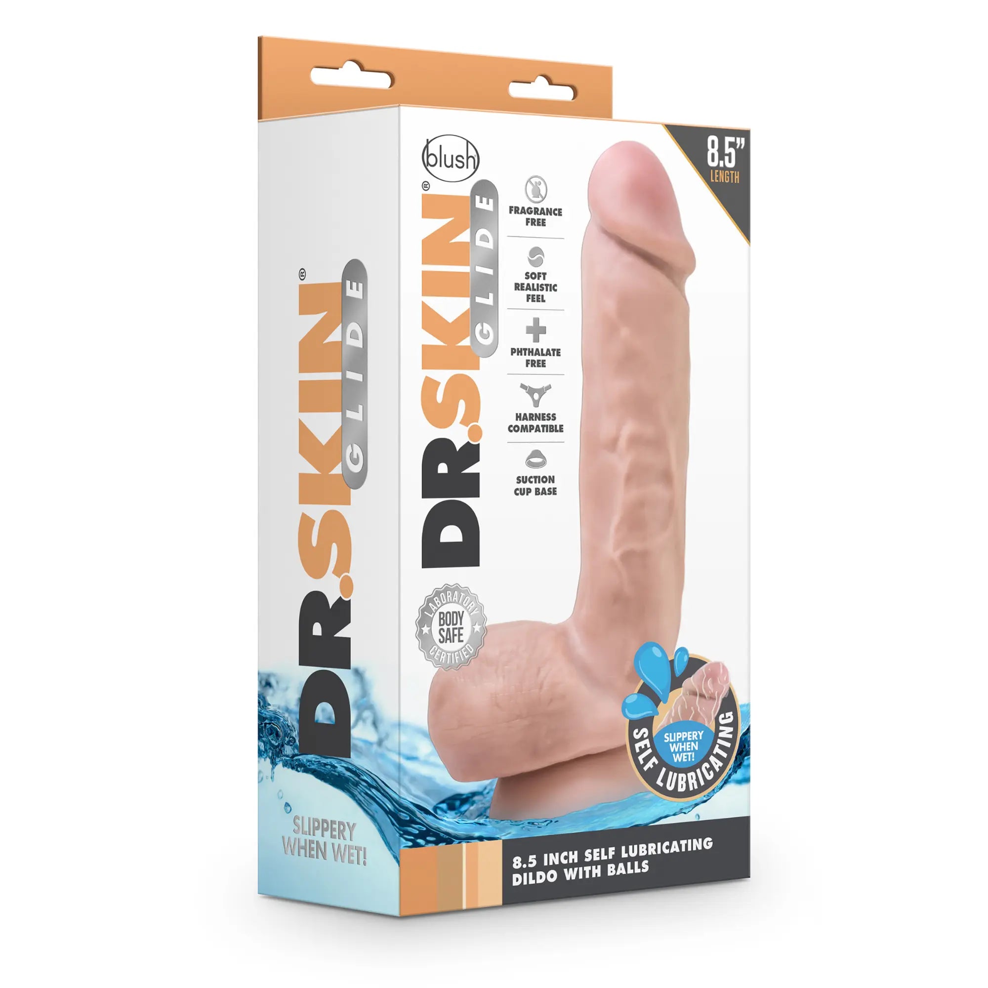 Bild på kartongen till Dr. Skin Realistic Dildo Flesh 23 cm Självsmörjande
