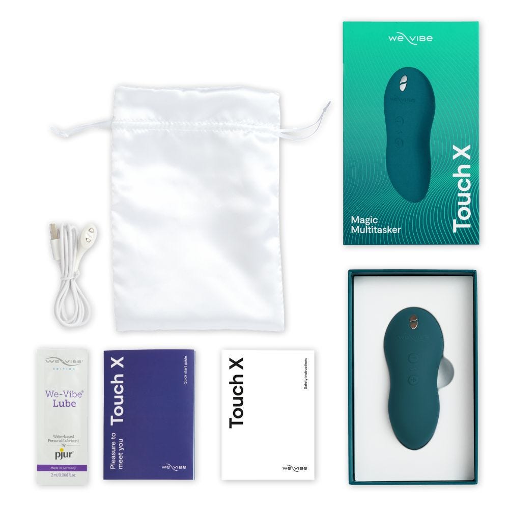 We-Vibe Touch X Green Velvet allt innehåll till produkten mot vit bakgrund.