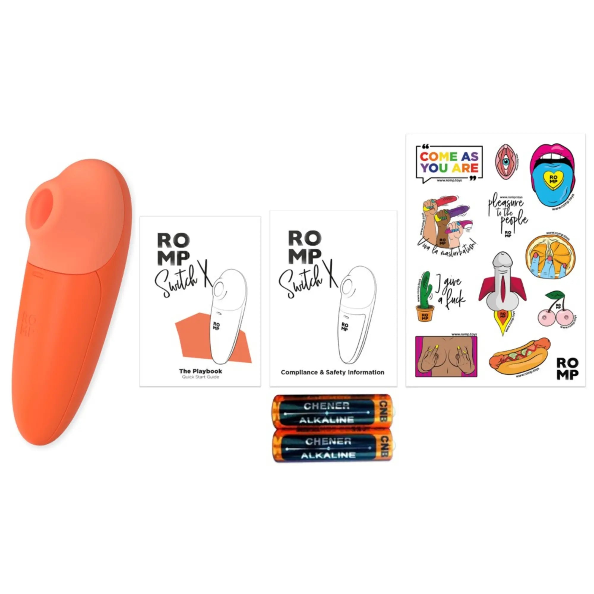 Bild på vad du får med när du köper en Romp Switch X Lufttrycksvibrator