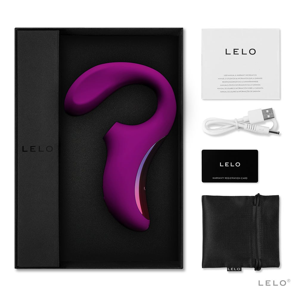 LELO Enigma Deep Rose i en svart låda med tillbehör till lufttrycksvibrator