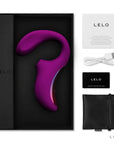 LELO Enigma Deep Rose i en svart låda med tillbehör till lufttrycksvibrator