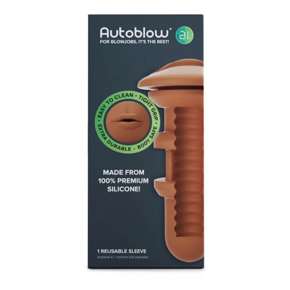 förpackningen till Autoblow A.I. Silicone Mouth Sleeve - Brown mot vit bakgrund.