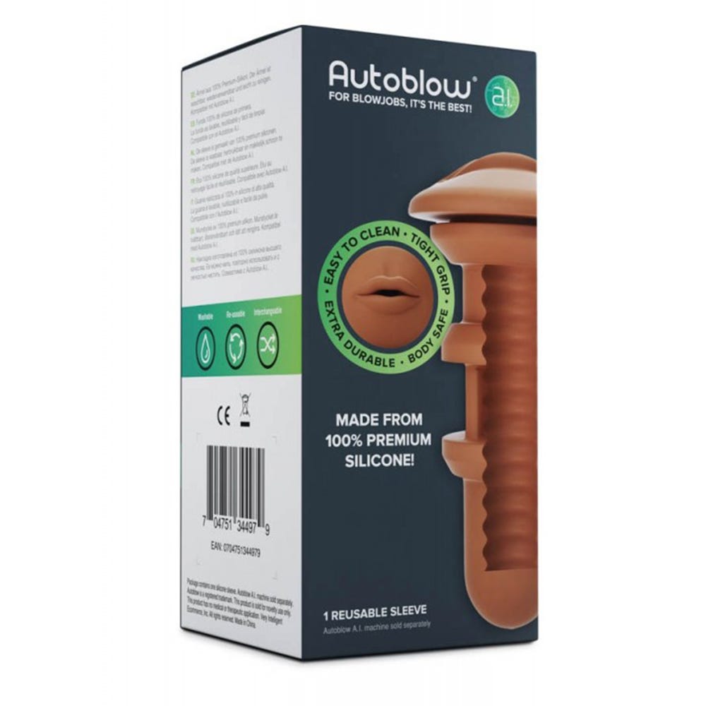 sidan av paketet för Autoblow A.I. Silicone Mouth Sleeve - Brown