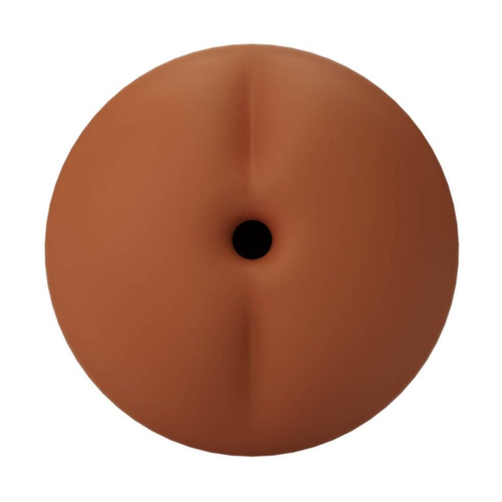 framsida av Autoblow A.I. Silicone Anus Sleeve - Brown med öppning. Brun mot vit bakgrund