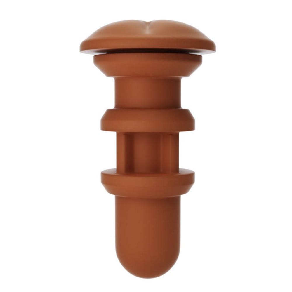 upprät Autoblow A.I. Silicone Anus Sleeve - Brown mot vit bakgrund.