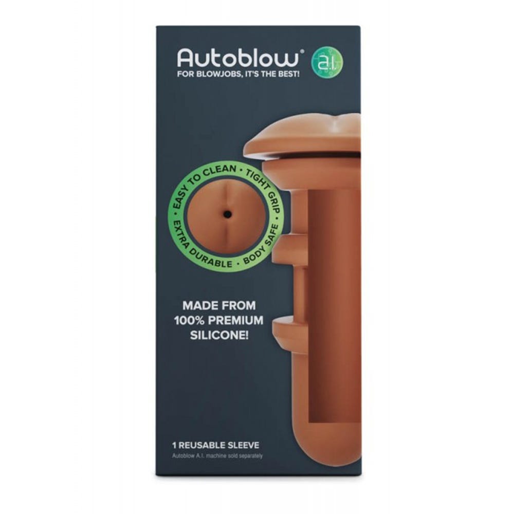 förpackningen till Autoblow A.I. Silicone Anus Sleeve - Brown mot vit bakgrund