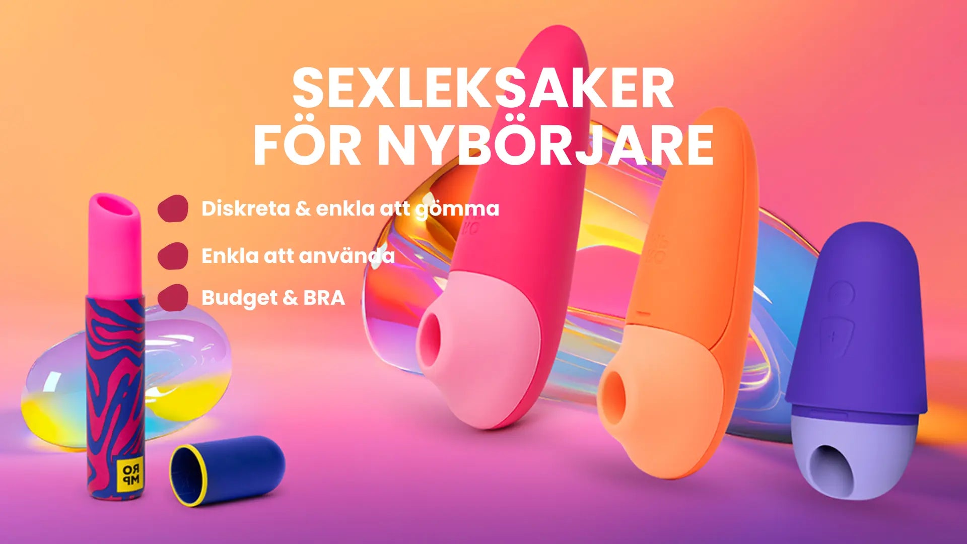 Färggladbild med 4st lufttrycksleksaker på. Texten lyder Sexleksaker för nybörjare