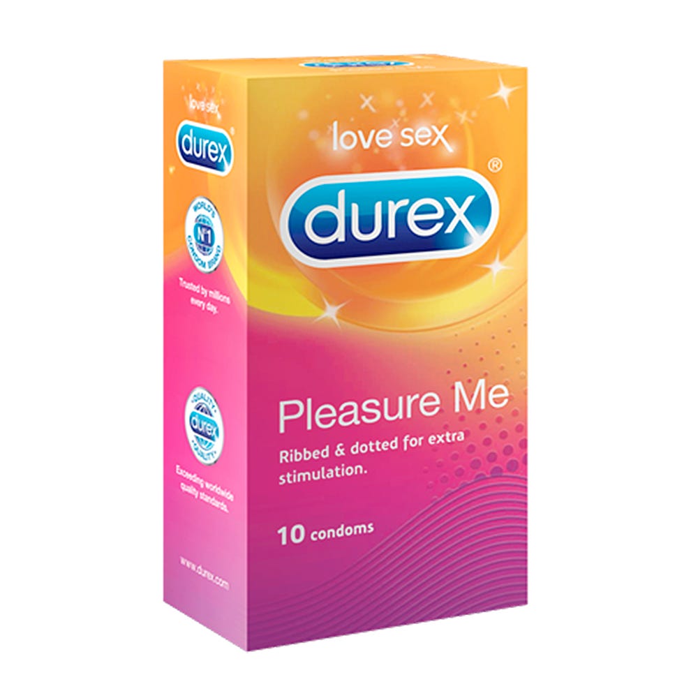 Durex Pleasure Me 10-pack Stimulerande Kondomer mot vit bakgrund. Köp på Lustly.se