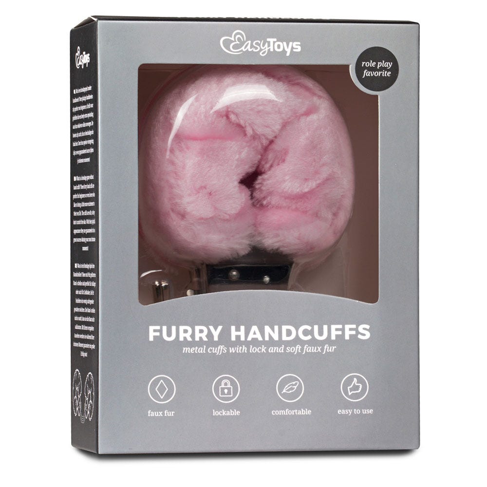 Furry Handcuffs Pink i grå förpackning. 