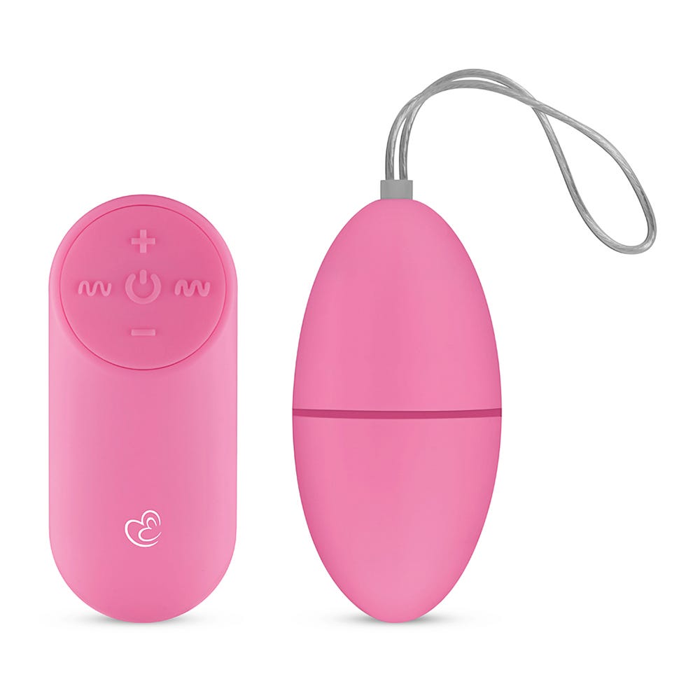 Easytoys Remote Control Vibrating Egg Rosa och fjärrkontroll ståendes mot vit bakgrund.