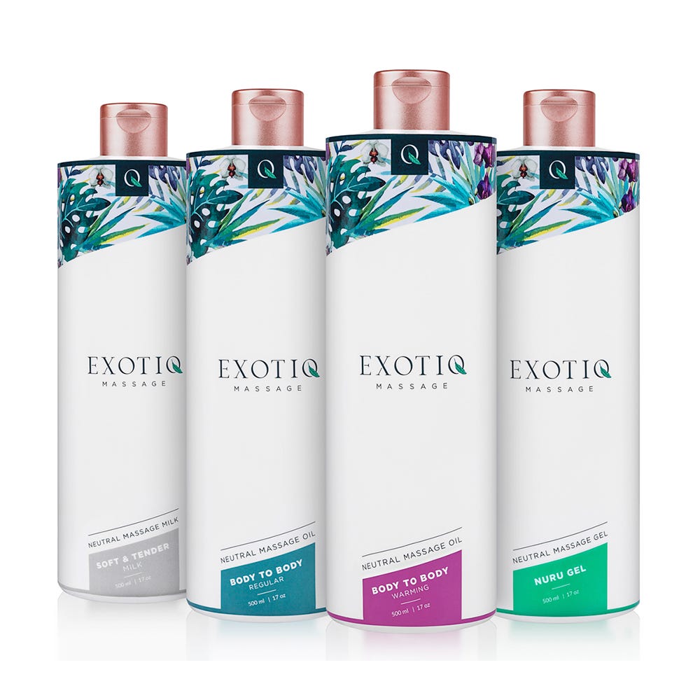 Exotiq Body To Body Oil och andra oljor mot vit bakgrund.