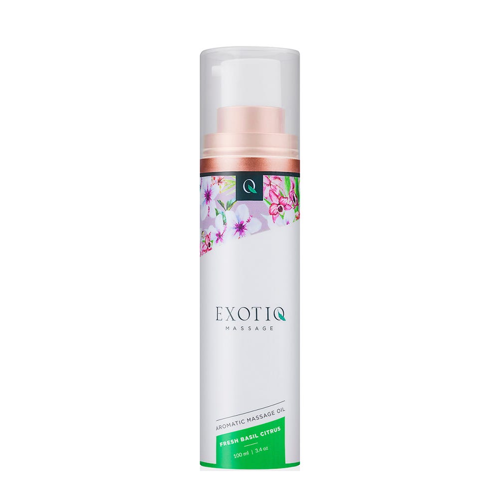 Exotiq Aromatic Massage Oil Basil Citrus mot vit bakgrund.