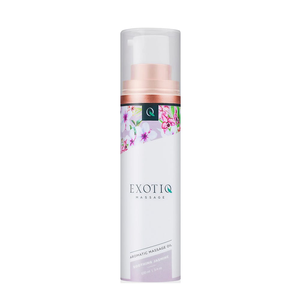 Exotiq Aromatic Massage Oil Soothing Jasmine mot vit bakgrund.