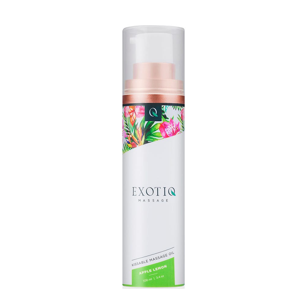 Exotiq Kissable Massage Oil Apple Lemon mot vit bakgrund.