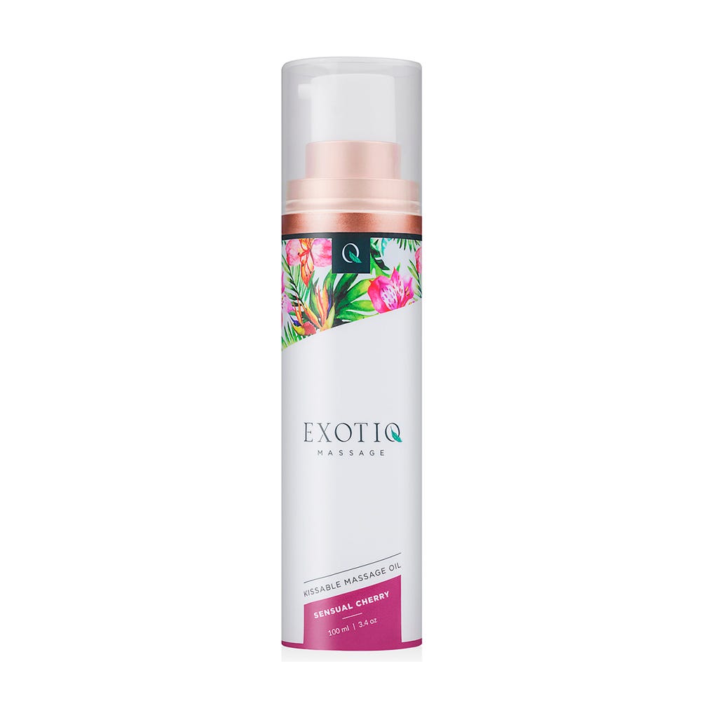 Exotiq Kissable Massage Oil Sensual Cherry mot vit bakgrund.