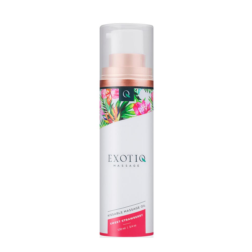 Exotiq Kissable Massage Oil Sweet Strawberry mot vit bakgrund.