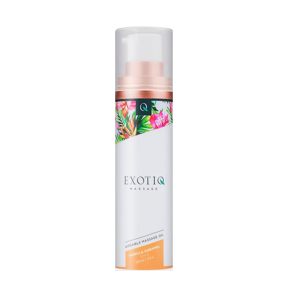 Exotiq Kissable Massage Oil Vanilla Caramel mot vit bakgrund.