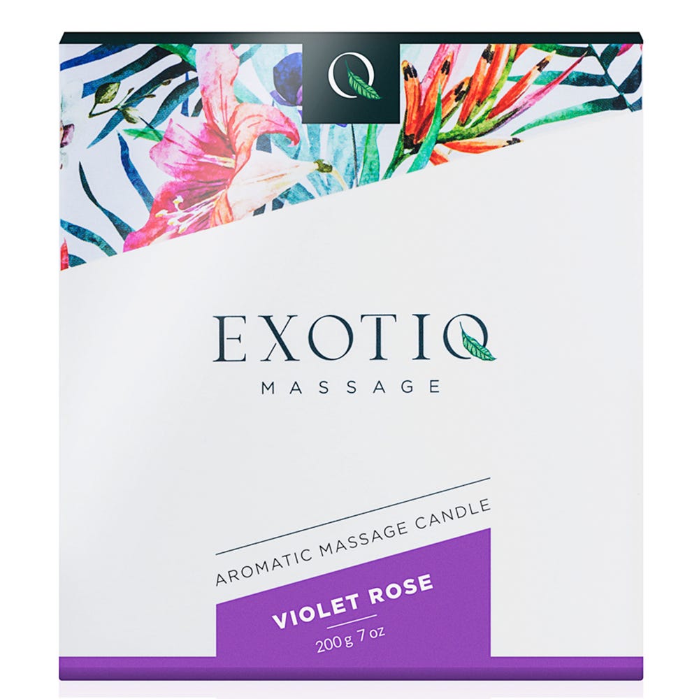 Exotiq Massage Candle Violet Rose produktförpackning mot vit bakgrund.