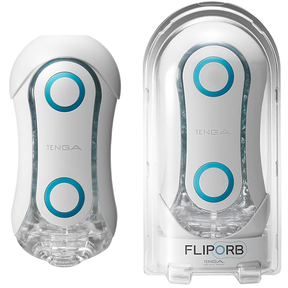 Tenga Flip Orb Masturbator Blue Rush i förpackning. Mot vit bakgrund.