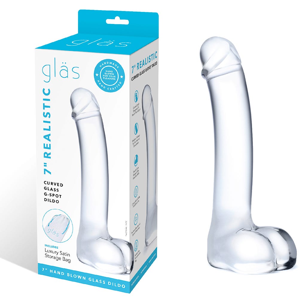 Gläs Realistic Curved G-Spot Dildo och produktförpackning mot vit bakgrund.