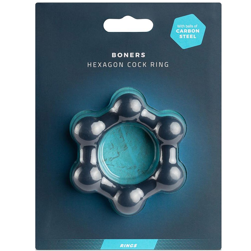 Förpackning till Boners Hexagon Cockring Steel. Blått paket med produkten på framsidan.